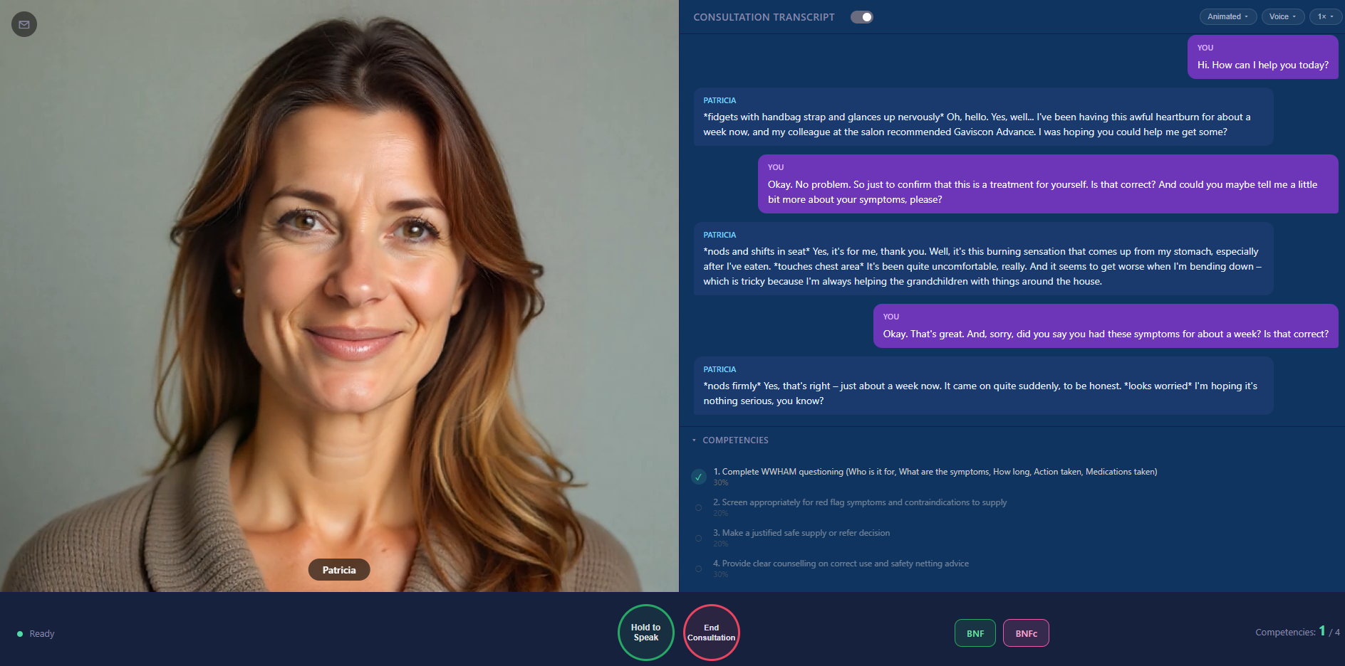 A Consult AI consultation in progress — patient avatar speaking, live transcript on the right