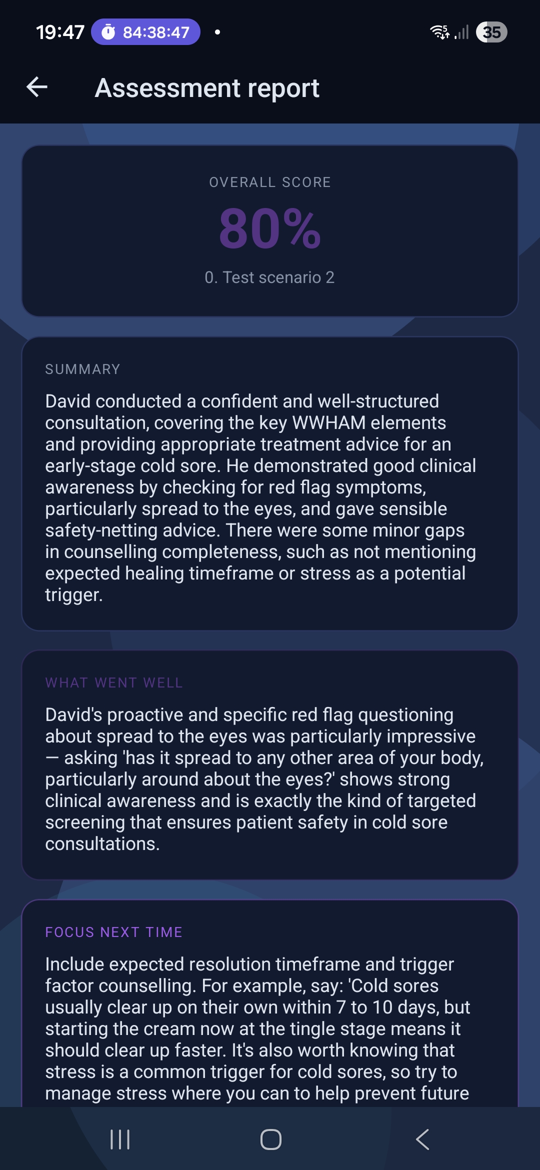 Consult AI mobile app — feedback report and trophy shelf